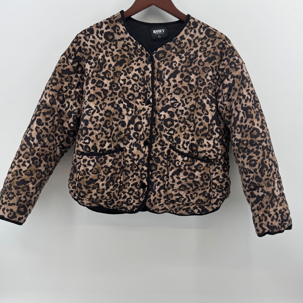RNWY Leopard Print Quilted Puffer Jacket Women‎ Medium Brown Black Snap Front